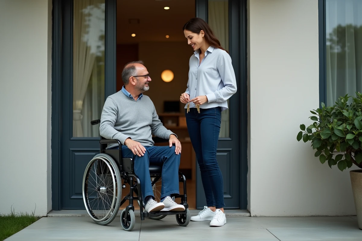 Propriétaire remettant les clés d'un appartement accessible à un locataire en fauteuil roulant