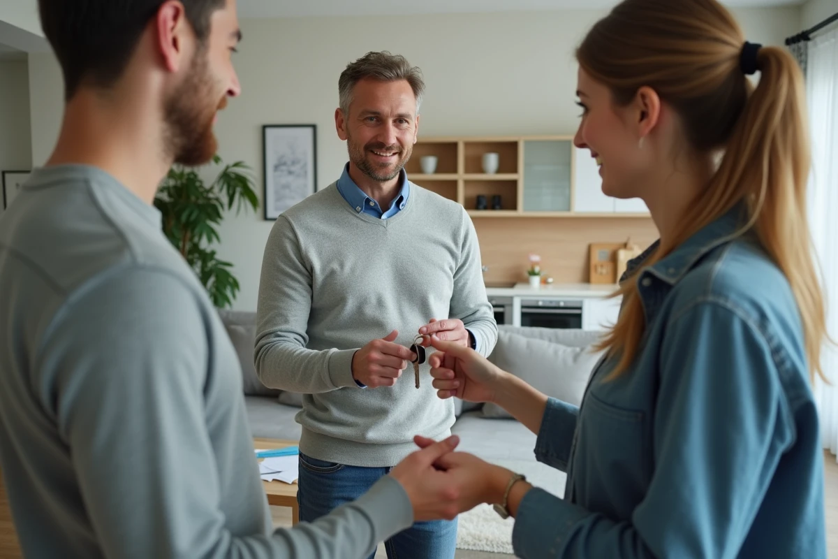 Propriétaire remettant les clés d'un appartement meublé à de nouveaux locataires