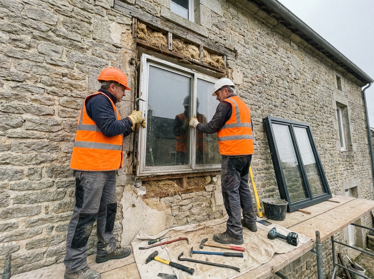 Ouvriers remplaçant une ancienne fenêtre aluminium lors d'une rénovation de maison en pierre