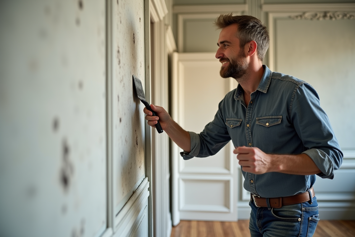 Homme d'âge moyen restaurant un mur dans un appartement parisien