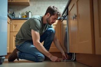 Jeune homme répare un tuyau sous l'évier de cuisine