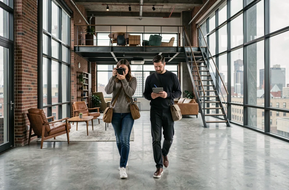 Deux repéreurs de décors évaluant un loft urbain moderne comme lieu de tournage cinématographique potentiel