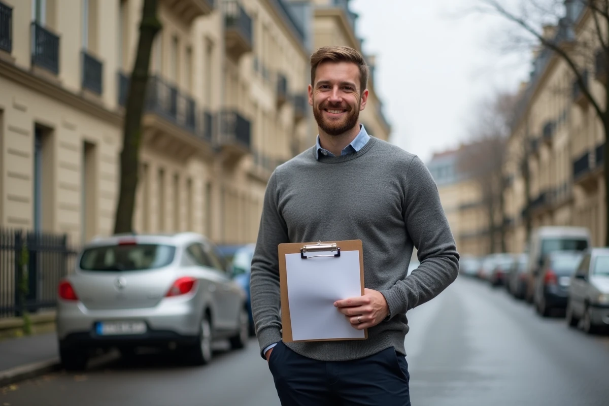 Représentant d'un comité interprofessionnel du logement devant un immeuble résidentiel en ville avec des documents d'attribution
