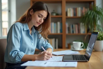 Jeune femme remplissant un dossier de réservation de logement Nidost à son bureau avec documents et ordinateur