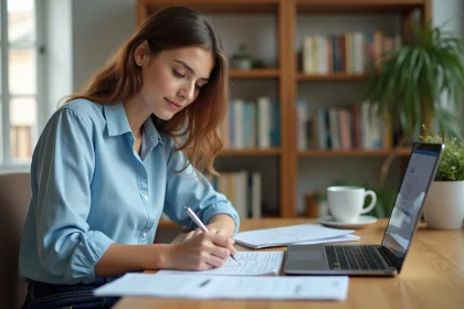 Jeune femme remplissant un dossier de réservation de logement Nidost à son bureau avec documents et ordinateur