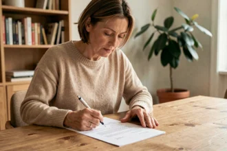 Femme signant un document de résiliation d'assurance habitation à la Banque Postale à son domicile