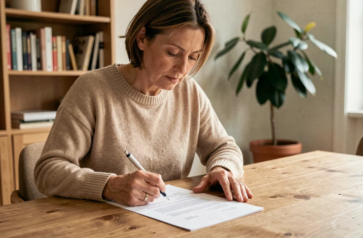 Femme signant un document de résiliation d'assurance habitation à la Banque Postale à son domicile