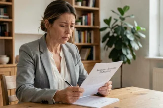 Femme lisant un contrat d'assurance habitation à une table en bois dans un appartement moderne, stylo en main