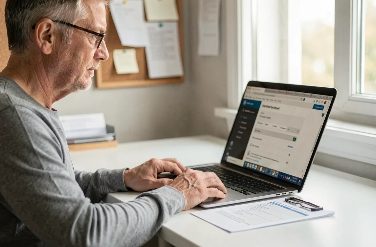 Homme résiliant son assurance habitation en ligne depuis son bureau à domicile