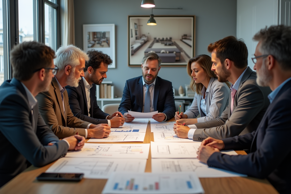 Réunion entre gestionnaire et propriétaires avec plans et rapports d