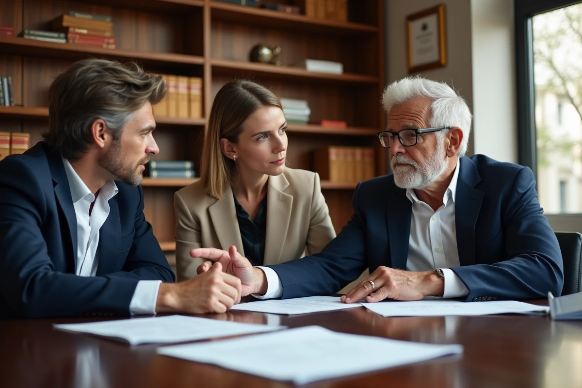 Vendeur et acheteurs discutant d'une simulation viager avec un conseiller immobilier