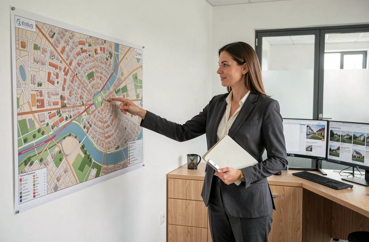 Spécialiste de la gestion locative Rive Gauche Gestion devant une carte de Strasbourg dans son agence