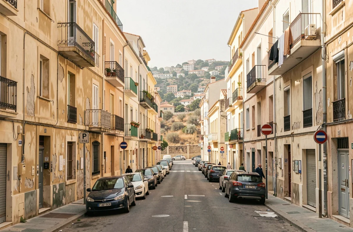 Rue résidentielle du 9ème arrondissement de Marseille avec immeubles aux façades usées et habitants dans leur quotidien