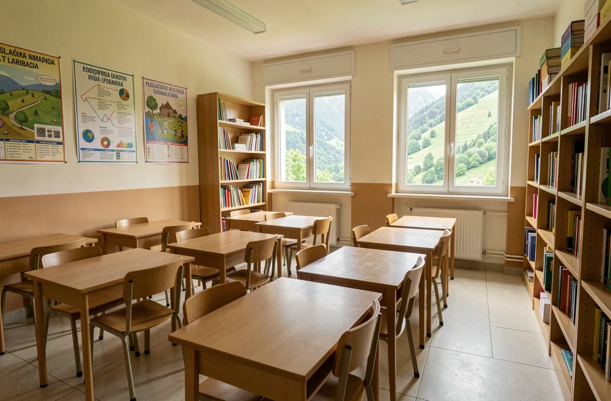 Salle de classe moderne et bien équipée dans une école d'Andorre avec vue sur les montagnes pyrénéennes