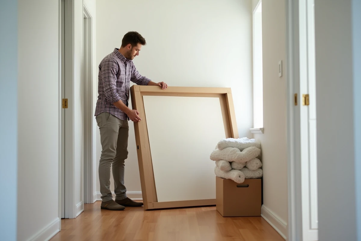 Jeune homme scellant une toile dans une boîte