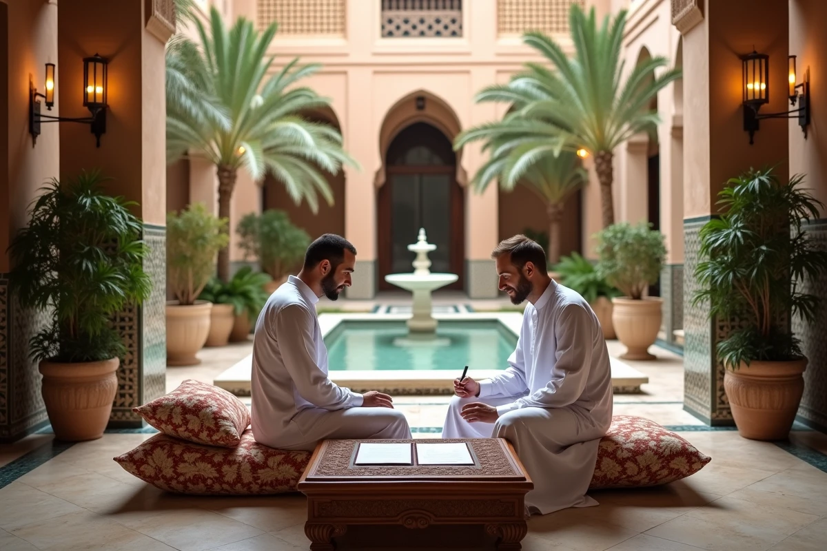 Homme signant un contrat d'achat immobilier dans le patio luxueux d'un riad rénové à Marrakech