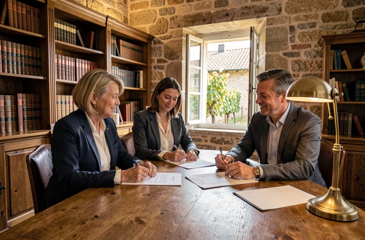 Signature de documents notariaux pour la reprise d'un château viticole bordelais, autour d'une table en chêne dans un bureau en pierre