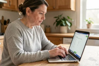 Femme remplissant une simulation d'assurance habitation multirisque en ligne sur un ordinateur portable dans sa cuisine