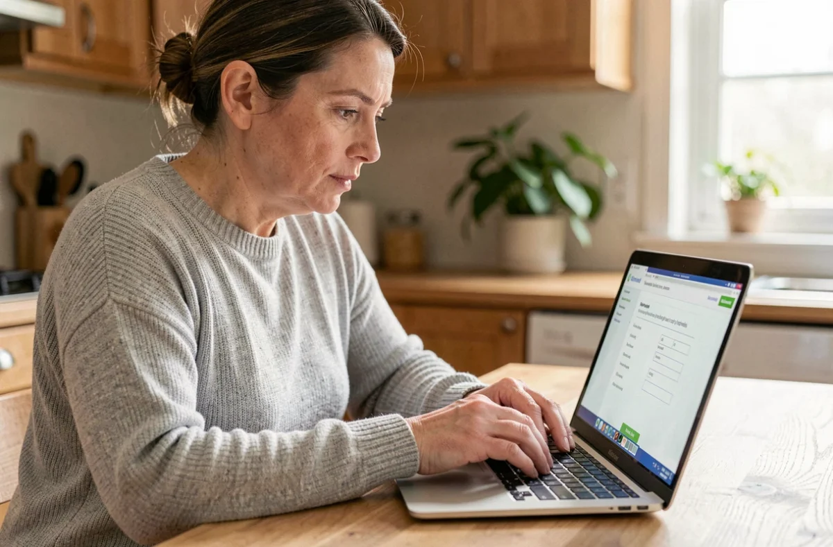 Femme remplissant une simulation d'assurance habitation multirisque en ligne sur un ordinateur portable dans sa cuisine