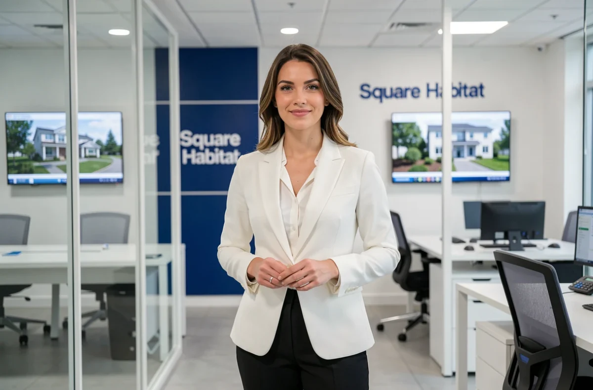 Conseillère immobilière dans une agence Square Habitat avec décor bleu moderne