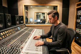 Ingénieur du son travaillant dans un studio BIS avec console de mixage et cabine d'enregistrement visible en arrière-plan