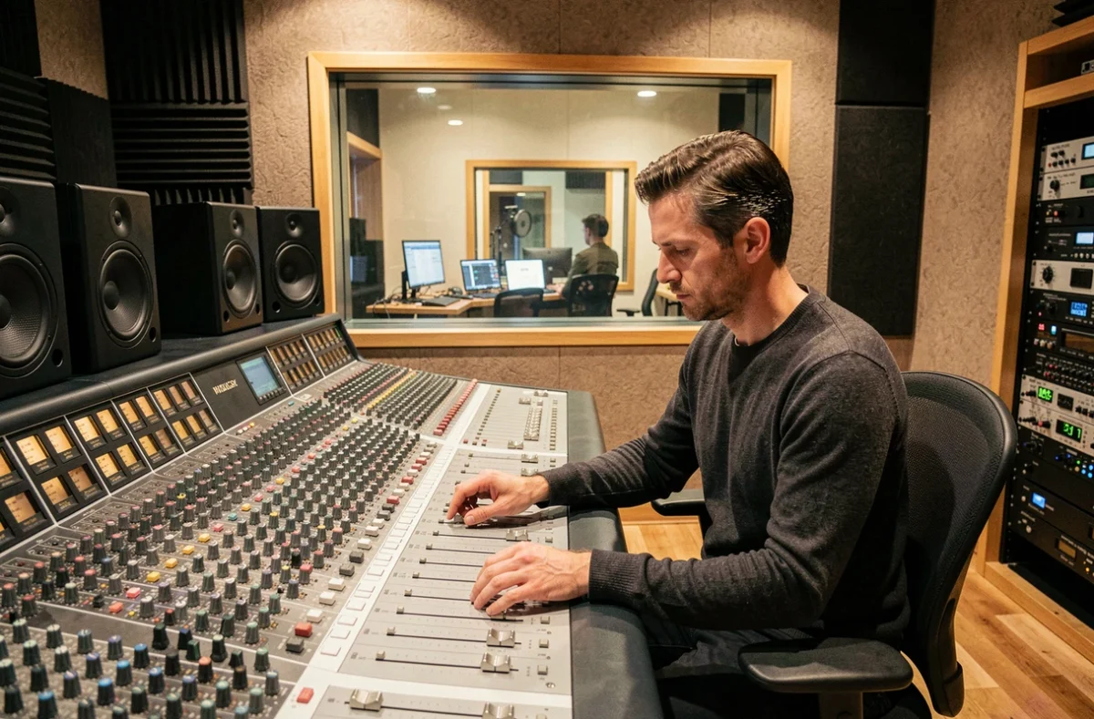Ingénieur du son travaillant dans un studio BIS avec console de mixage et cabine d'enregistrement visible en arrière-plan