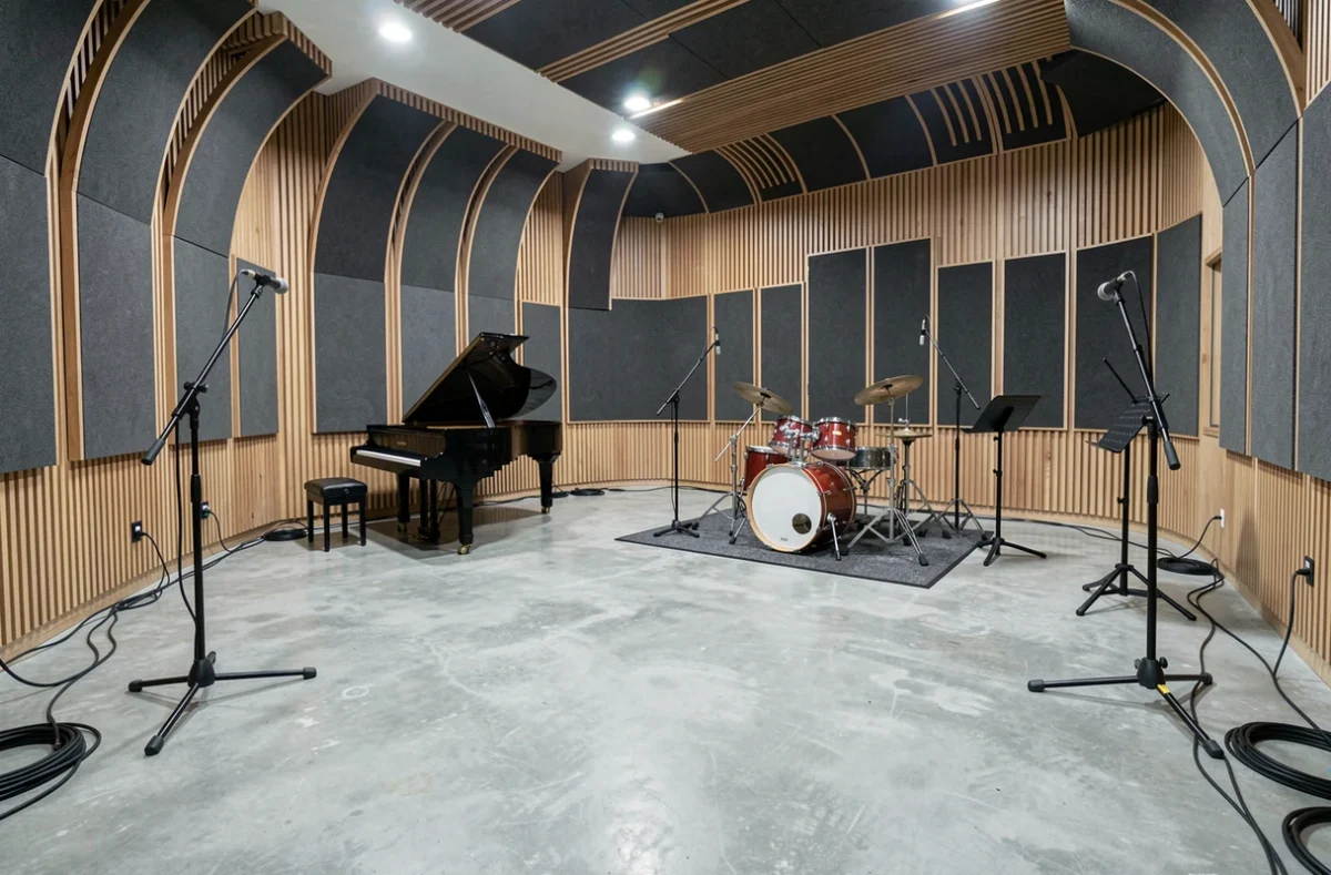 Vue grand angle d'un studio BIS vide montrant l'agencement de la salle de prise de son, le piano à queue et le traitement acoustique mural