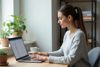 Femme consultant le suivi de ses demandes de travaux sur l'espace client MyNexity depuis son bureau à domicile