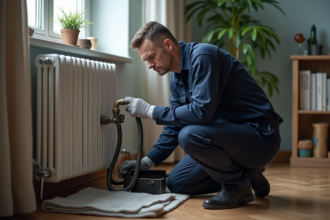 Technicien en uniforme réparant un radiateur ancien dans un appartement