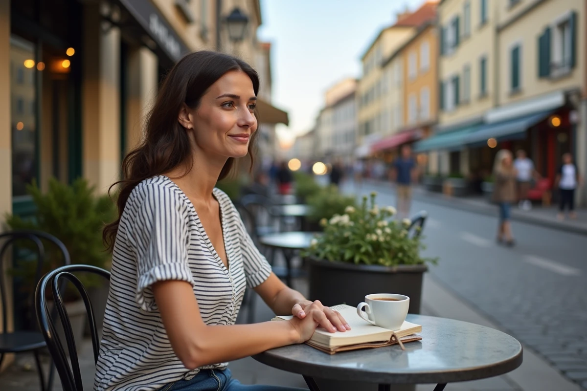 Femme en terrasse de café dans un quartier animé proche de la gare de Metz, ambiance urbaine française authentique