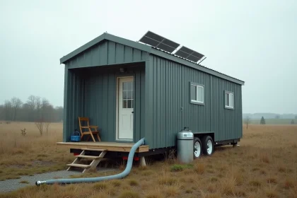 Tiny house sur terrain non constructible avec citerne d'eau et panneaux solaires visibles à l'extérieur