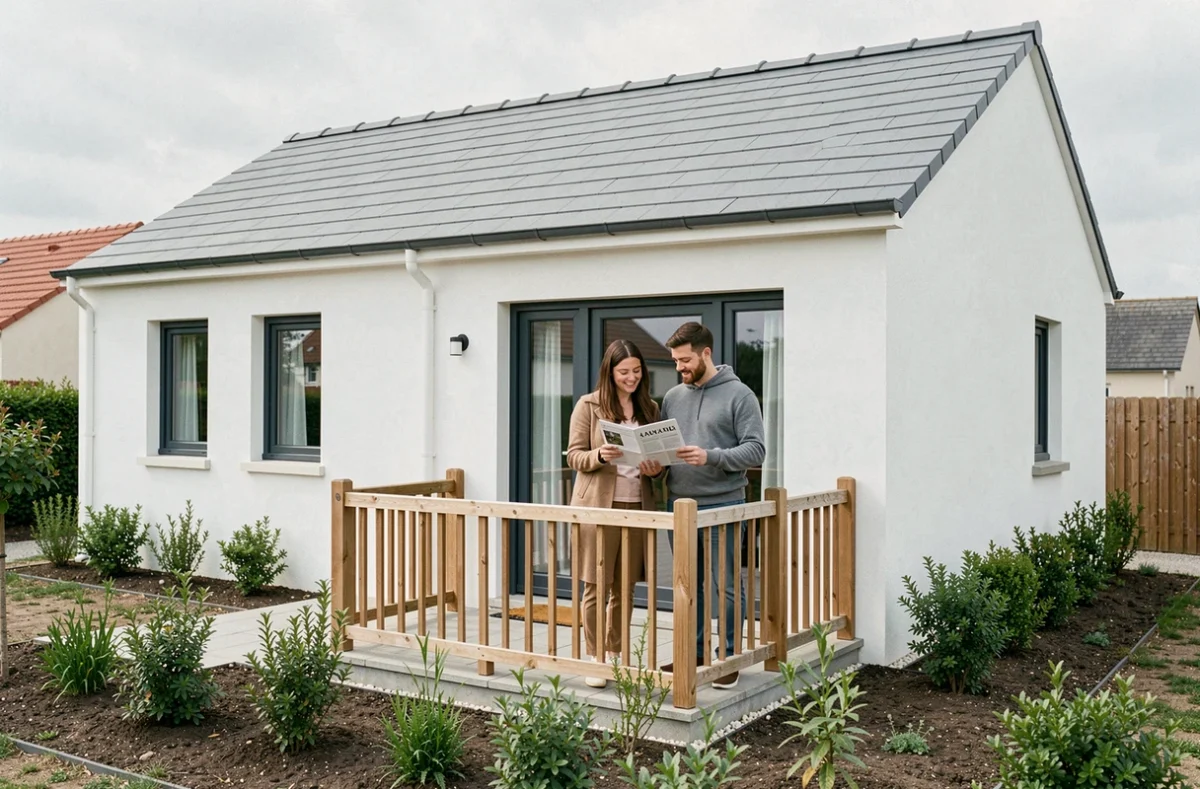 Jeune couple sur la terrasse de leur maison individuelle accessible construite par Tradibudget du groupe Hexaom dans le Calvados