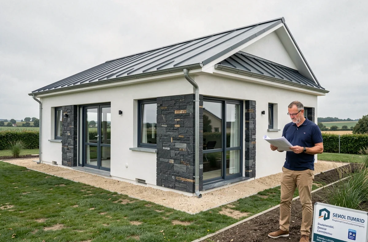 Professionnel de la construction devant une maison individuelle contemporaine aux inserts en pierre sombre construite par Trecobat dans le Calvados