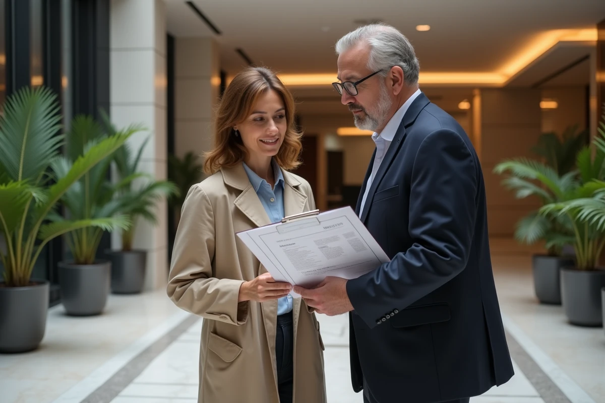 Deux professionnels de l'immobilier consultant un dossier légal dans le hall d'un immeuble commercial, évoquant la vérification des données officielles de KALIMMO