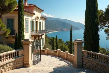 Vue extérieure de la Villa Leopolda sur la Côte d'Azur, architecture Belle Époque avec façades en pierre calcaire et bougainvilliers