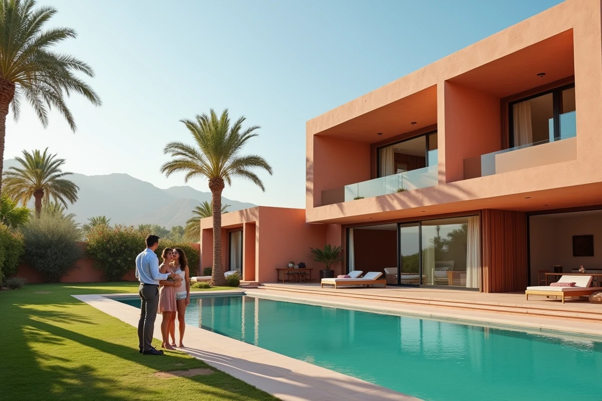 Couple d'investisseurs étrangers visitant une villa de luxe à vendre dans la Palmeraie de Marrakech avec piscine et palmiers