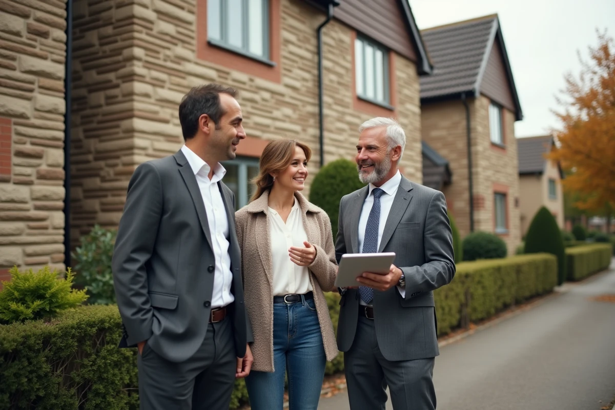 Agent immobilier présentant une propriété résidentielle à un couple lors d'une visite extérieure en automne