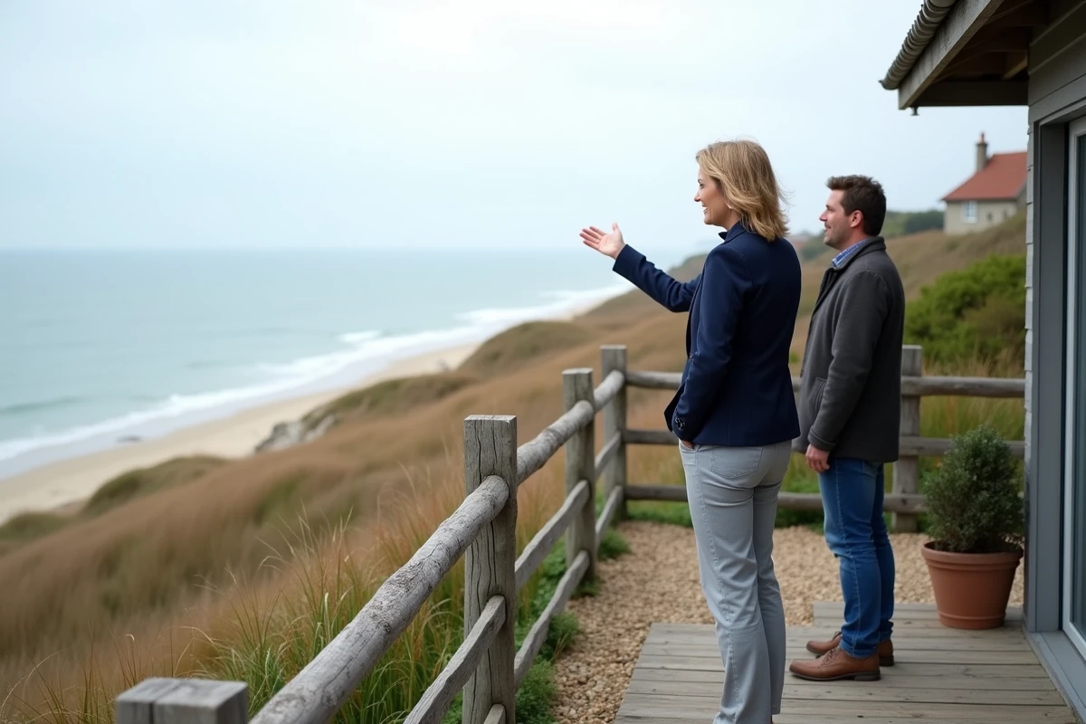 Agent immobilier présentant une maison en bord de mer en Normandie à des acheteurs potentiels sur une terrasse vue mer