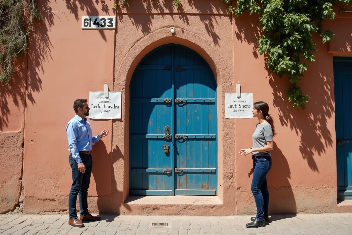 Couple visitant une maison à vendre sans agence dans une ruelle résidentielle de Marrakech avec pancarte en français et arabe