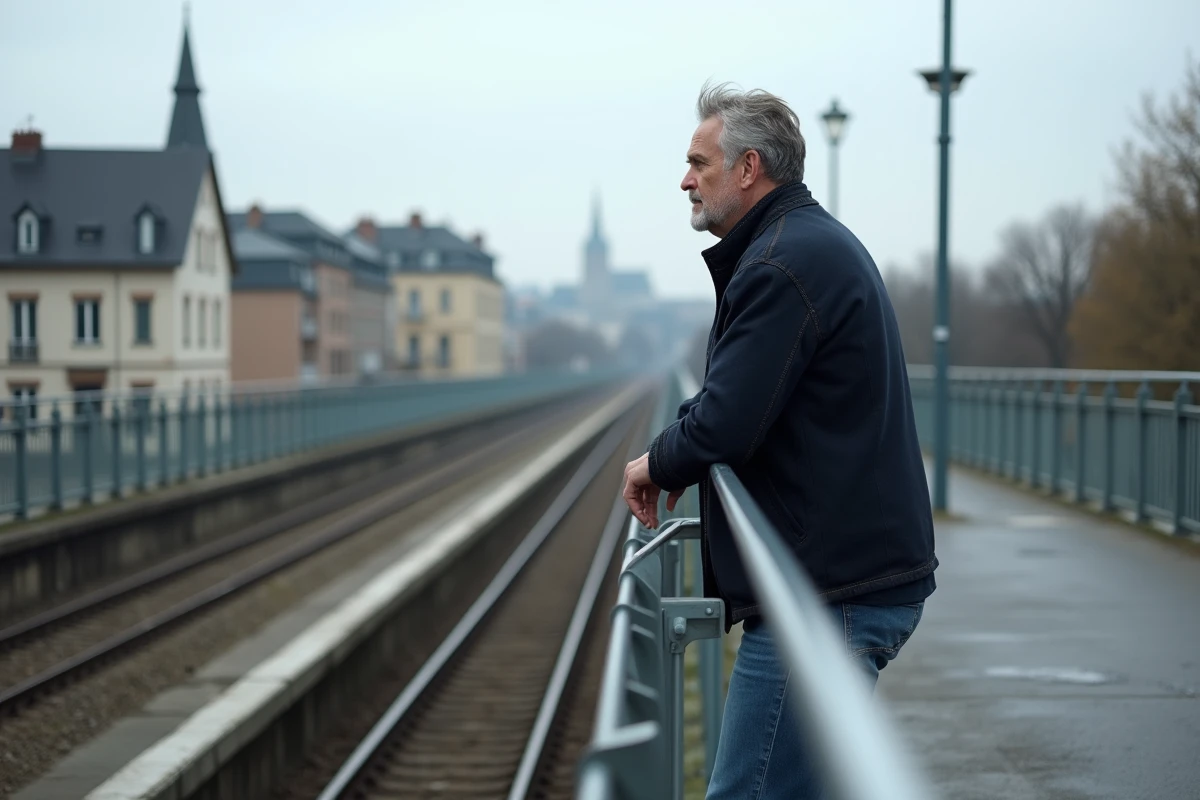 Homme observant le paysage urbain de Metz depuis une passerelle piétonne surplombant les voies ferrées près de la gare