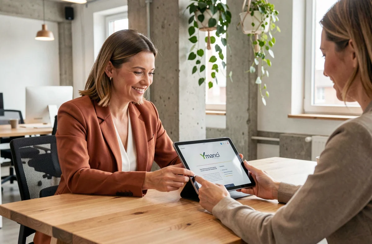 Conseillère Ymanci et client consultant une brochure numérique de financement immobilier dans un bureau design